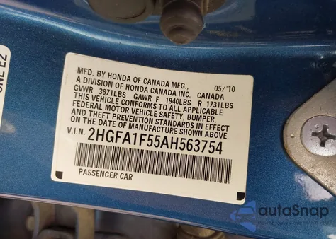 2010 Honda Civic Lx from USA, damaged, VIN 2HGFA1F55AH563754